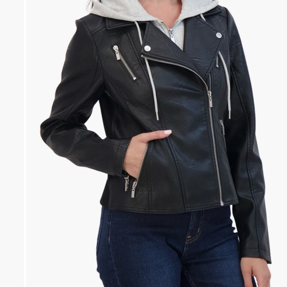 Fleece Hooded Faux Leather Moto Jacket
